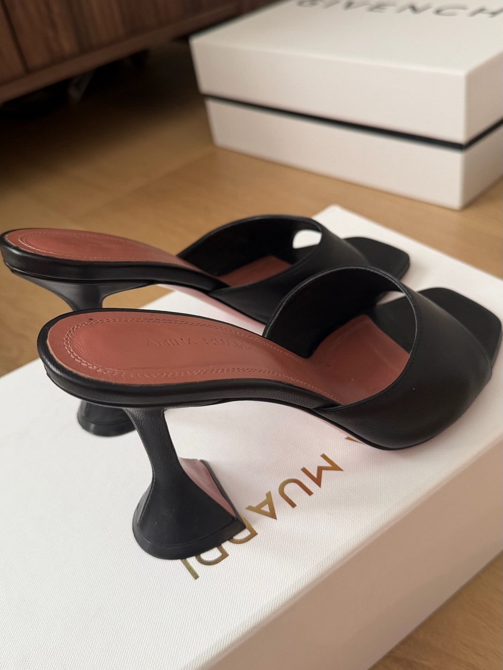 Amina Muaddi Black Leather Open-Toe Flared-Kitty Heel Slides